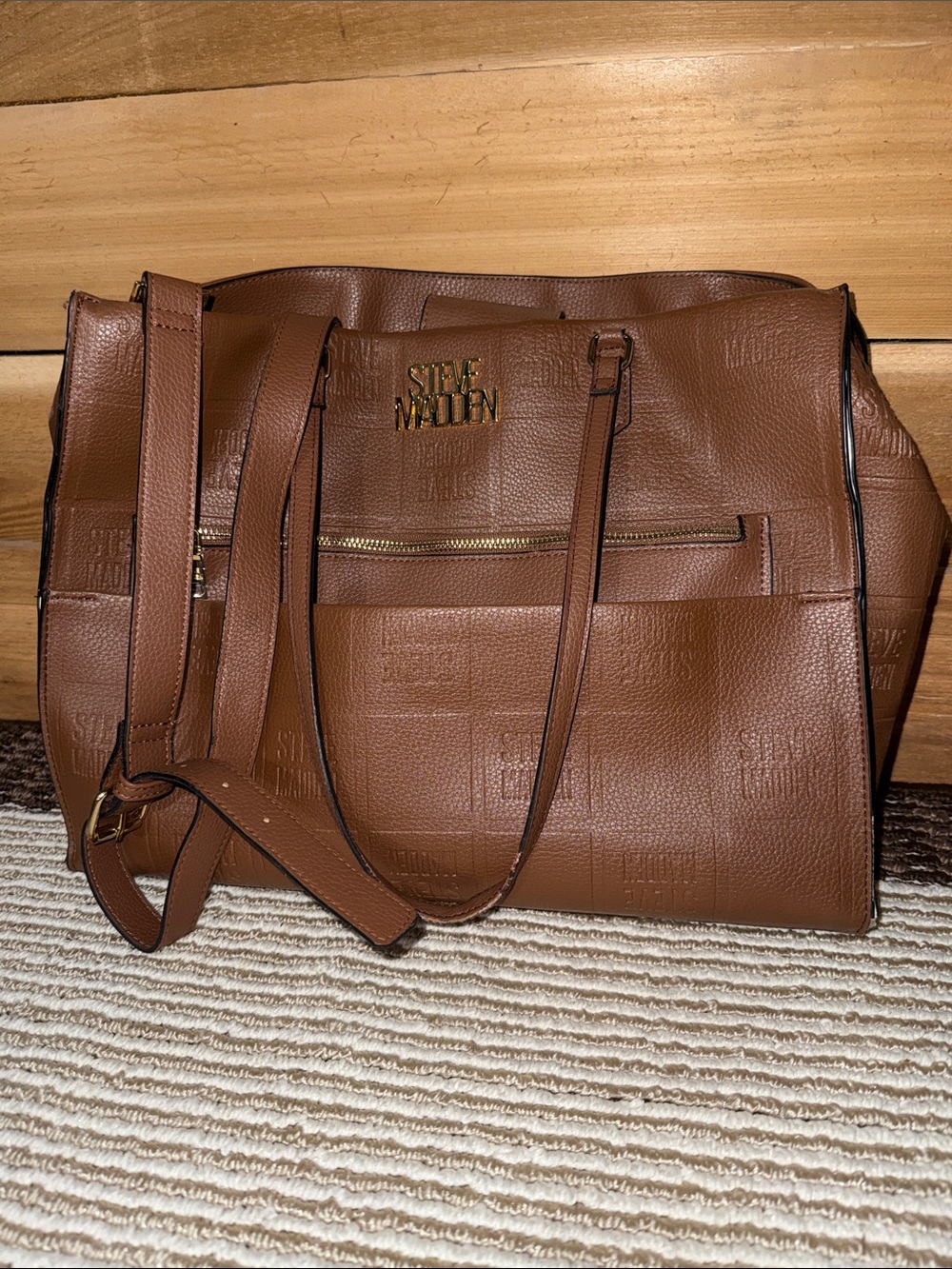 Steve Madden Cognac Pebbled Tote with Gold Hardware